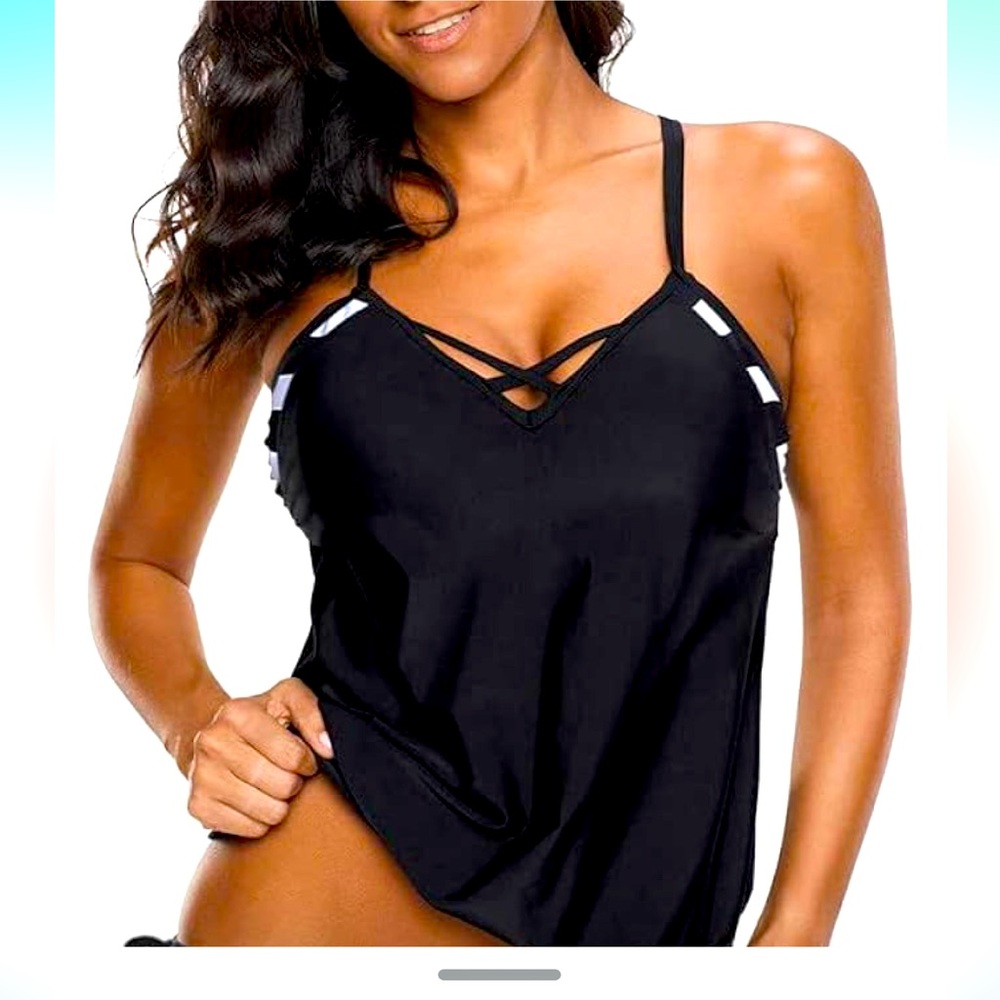 🚘 🆕 woman 2024 Fashion Stripes Print Lined Up Double Up Tankini Sets 2X